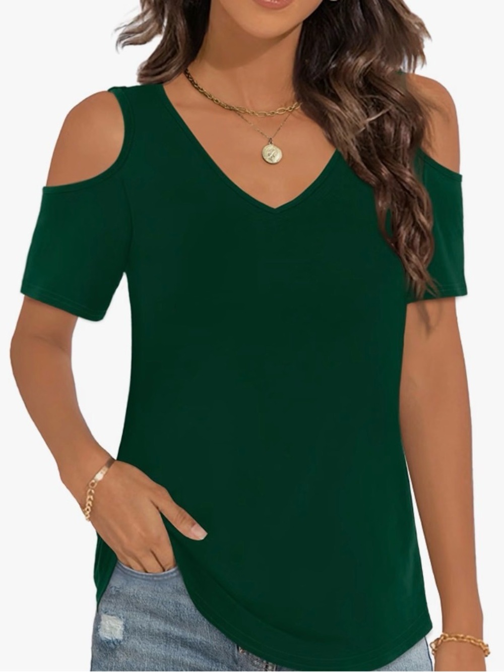 Cold-Shoulder V-Neck Tee in Deep Green